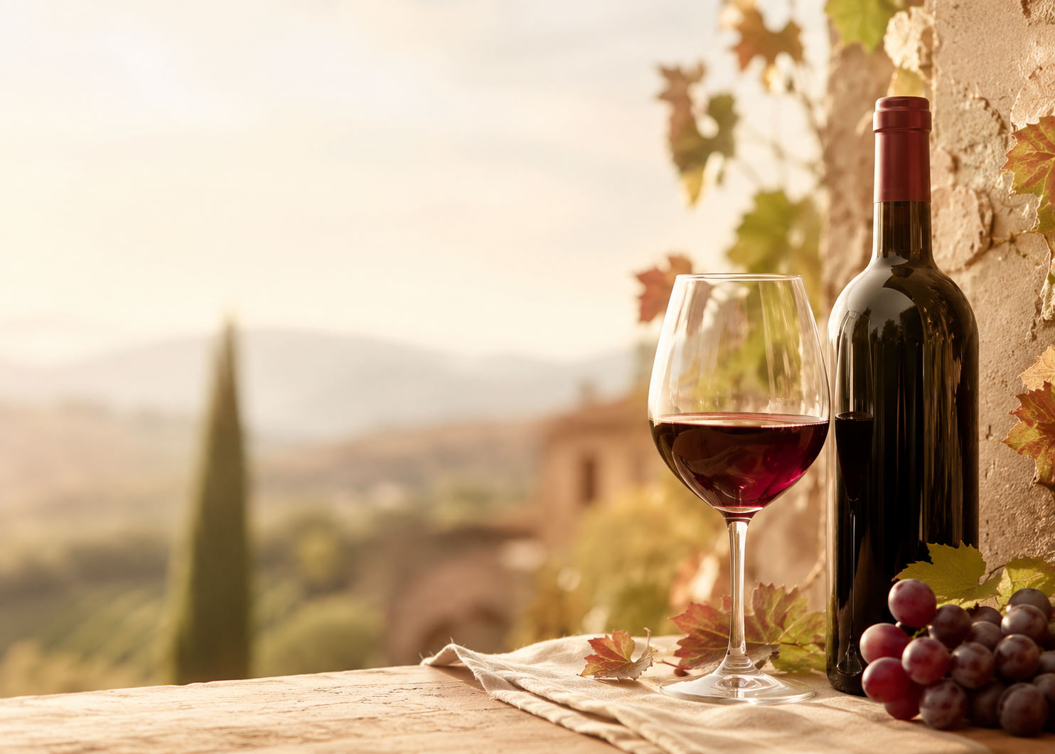 A bottle and glass of red wine overlooking a sunlit vineyard